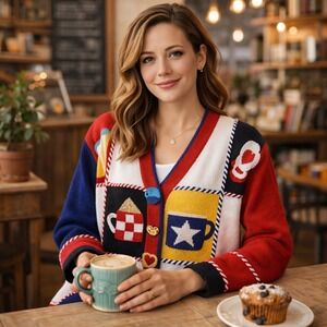 VTG Berek Cardigan Womens Small Patchwork Coffee Tea Art Sweater 90s